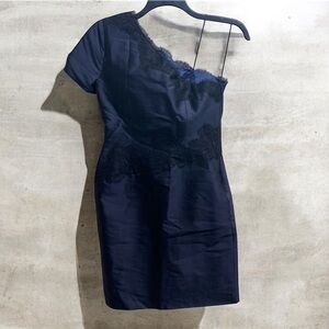 ASSAR NEW YORK 100% SILK NAVY EMBROIDERED ONE SHOULDER DRESS SIZE 4